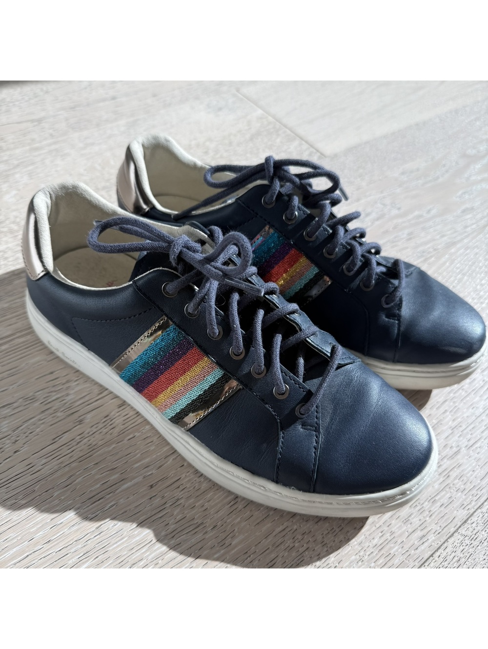 Paul Smith EU-39/US 8 Navy Leather Sneakers Rainbow Stripe Detail